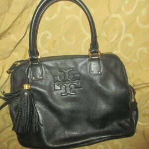 Tory Burch Medium Double Handle Satchel Bag Color Black Pebbled Leather
